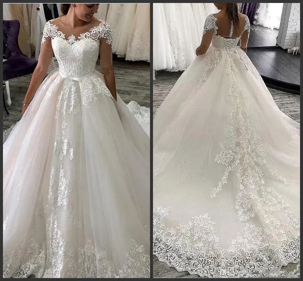 

Fashion Scoop Neckline Illsion Long Sleeves Lace Wedding Dresses Sweep Train Ballgown vestido de novia Bridal Gowns