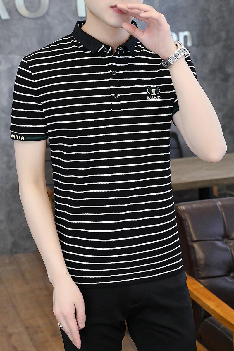 

2021 Short-sleeved T-shirt Men's Trend Summer Men's Slim Fit Shirt Collar Men's Polo Shirt R Stripe Half Sleeve Top Clothes