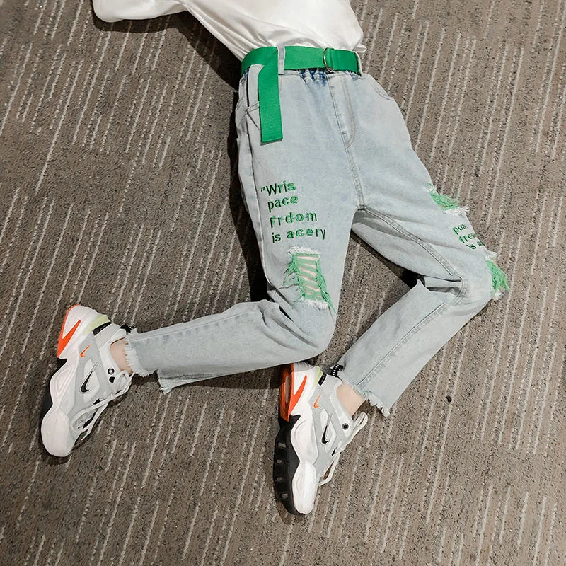 Джинсы для девочек 3 13 лет модные эластичные штаны карандаш из денима с дырками