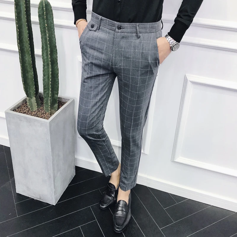 Мужские летние клетчатые брюки деловые облегающие для офиса|Повседневные брюки|