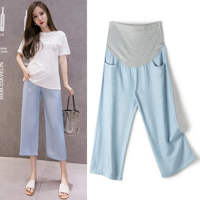 2022 Spring Summer Maternity Mercerized Cotton Pants for Pregnant Women Boot Cut Pregnancy Pant Adjustable Waist Pregnancy Jeans