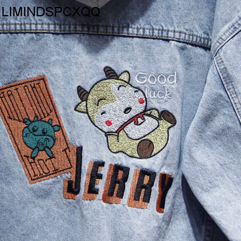 

2021 Spring Womens Cartoon Print Denim Jackets Fashion Pocket Long Sleeve Jeans Clothes Female Loose Coats Removable Hooded New