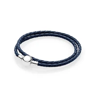 dark blue leather bracelet 925 sterling silver round clasp womens bracelets fine diy charm bangle homme jewellery gift