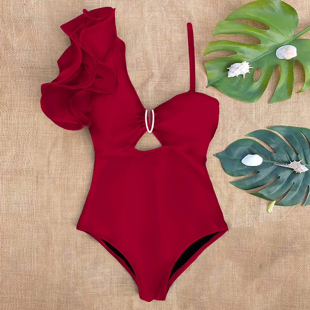

Sexy One Shoulder Ruffle One Piece Swimsuit Print Floral Swimwear Women Swimsuit Bathing Suit Beachwear Monokini