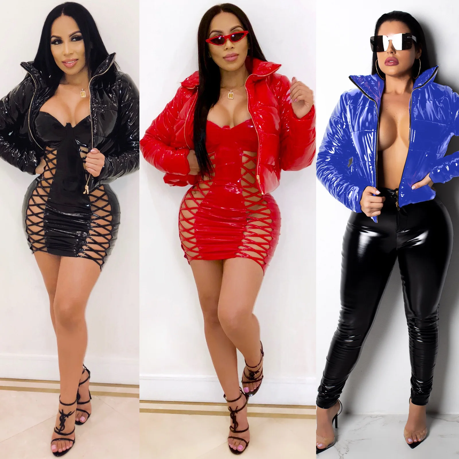 Модная зимняя куртка из лакированной кожи Женская водонепроницаемая на молнии с