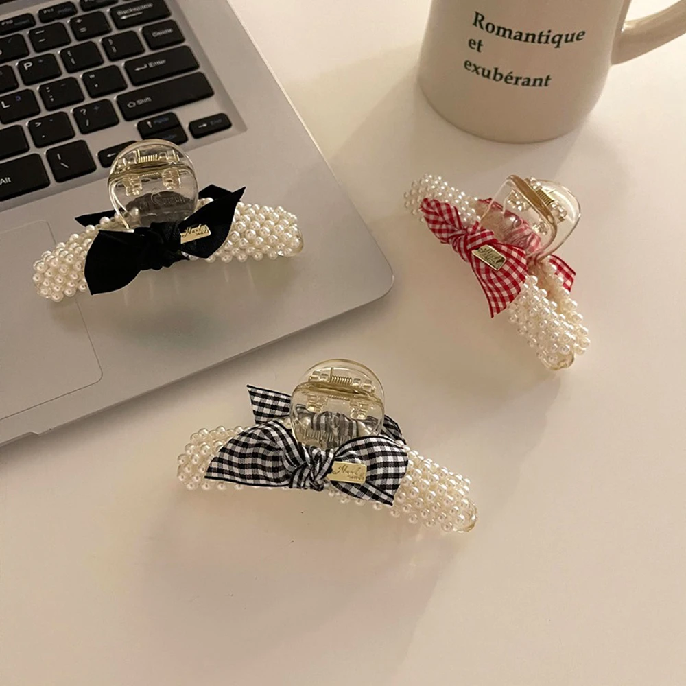 

Cute Plaid Bow Hair Grip Handmade Pearl Crab Hair Clip Hair Claws Hairpins Female Ornament Hair Accessories