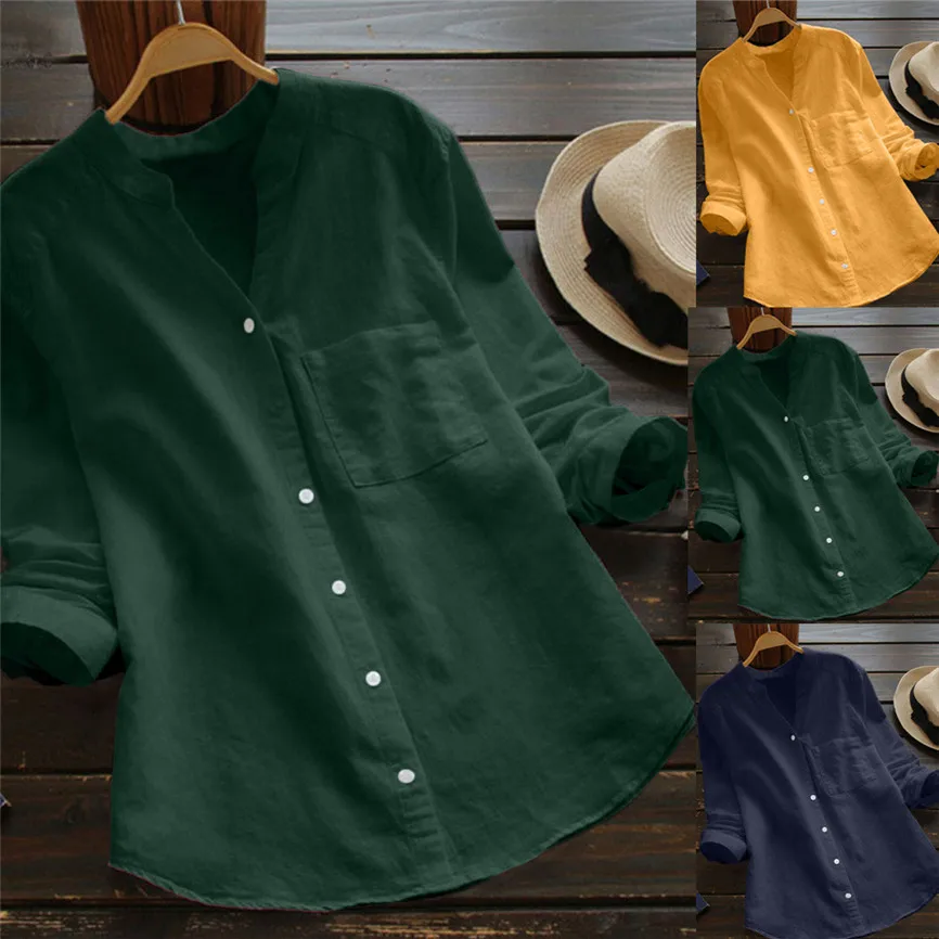 Женский топ с баской Blusas Женская хлопковая льняная Повседневная Однотонная