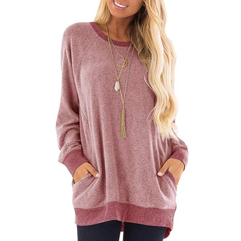 

Autumn and winter fashion women's round neck color pocket long-sleeved pullover sweatshirt casual