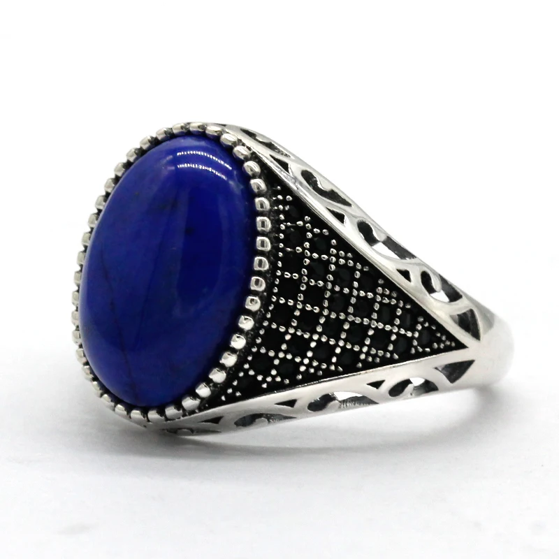 

925 Sterling Silver Natural Lapis Lazuli Men's Ring With Black Cubic Zircon Retro Thai Silver Ring Ladies Turkish Jewelry
