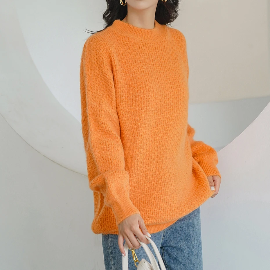 Женский Трикотажный Свитер оверсайз однотонный базовый пуловер с круглым