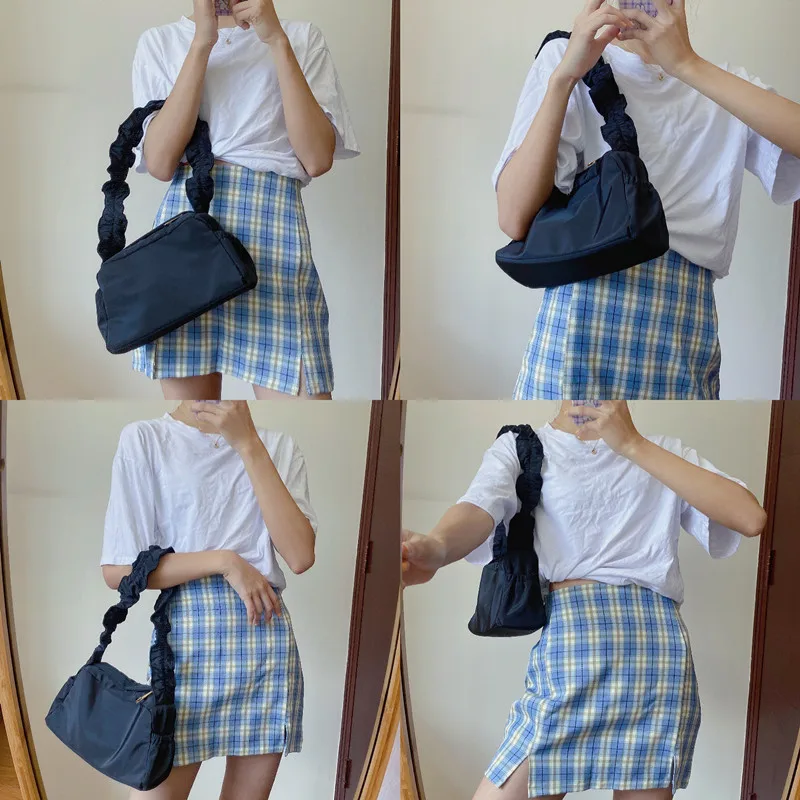 

Nylon Pleated Design Women Handbag Simple Solid Color Dark Retro Baguette Bag 2021 New Women Travel Shoulder Bag Underarm Bag