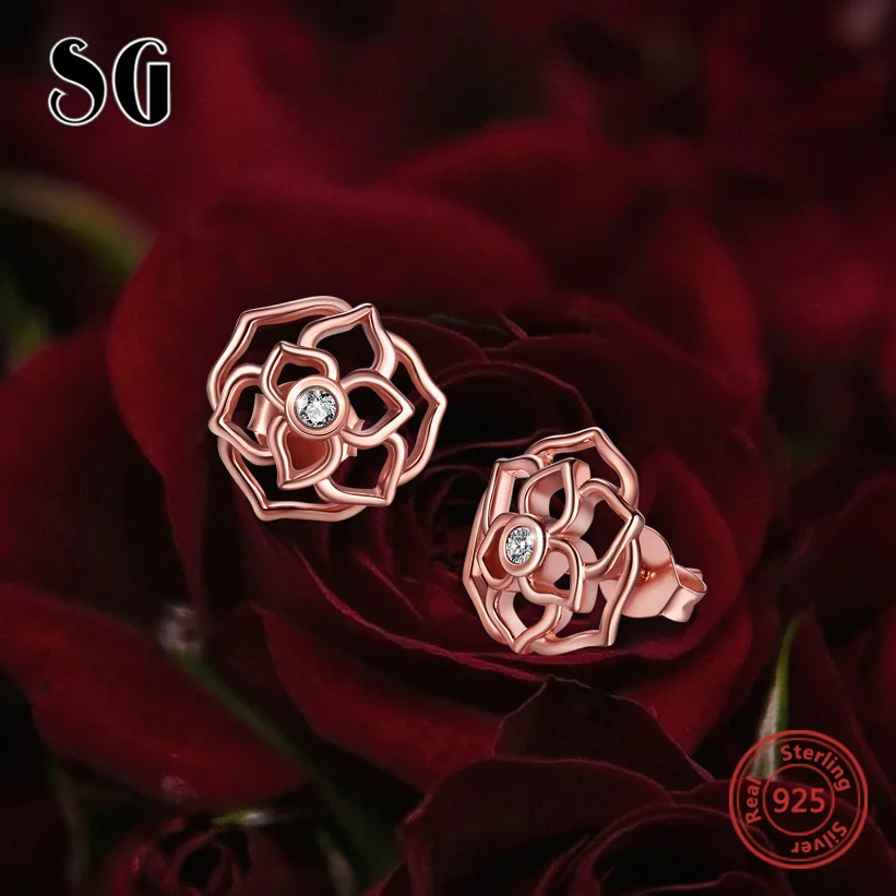 SG 925 sterling silver rose flower stud earrings with white Zircon Hollow earring for women wedding party fashion Jewelry