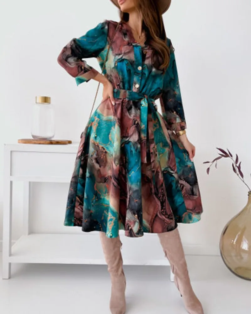 Shirt Dress for Women Abstract Print Long Sleeve Buttoned Dress