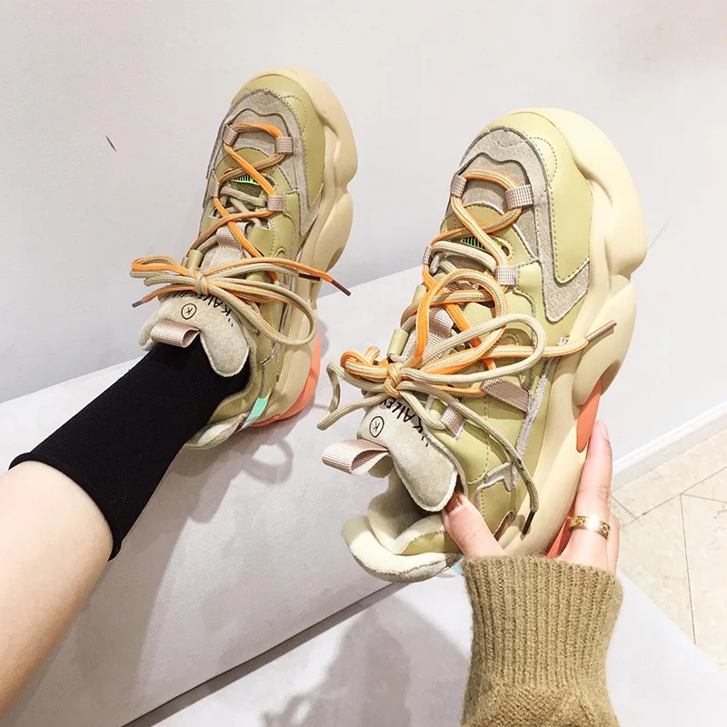 

Prova Perfetto Cross-tied Thick Bottom Sneakers Woman Fashion Lace-Up Shallow Chunky Heel Shoes Comfortable Women's Sports Shoes