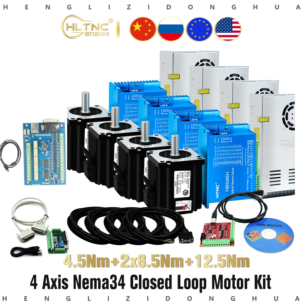 

4 комплекта 12.5N 8.5N 4.5N cnc nema 34 замкнутый цикл сервопривода шаговый двигатель с драйвером и источником питания MACH3 интерфейсный кабель платы дл...