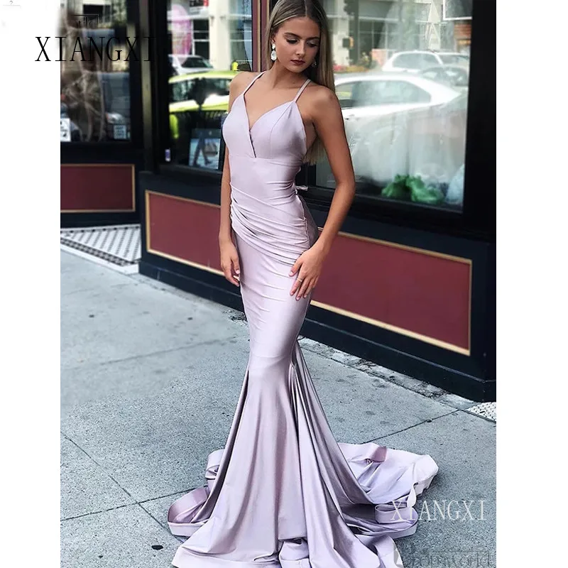 

Light Purple Sexy Mermaid Prom Dresses 2020 Spaghetti Straps Sweep Train Backless Plus Size Prom Dress Long Party Gown