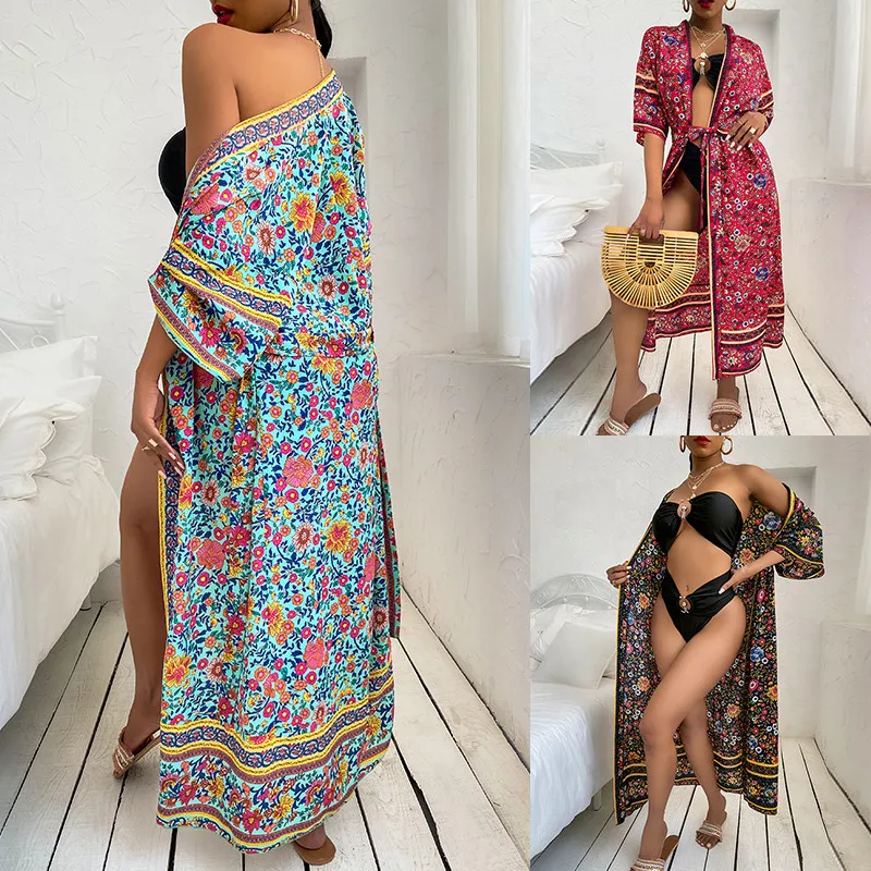 

2021 модные Bikini Cover-ups Цветочный принт завязывается поясом женские Купальники Лето кимоно платье для отдыха на пляже; Костюм для плавания