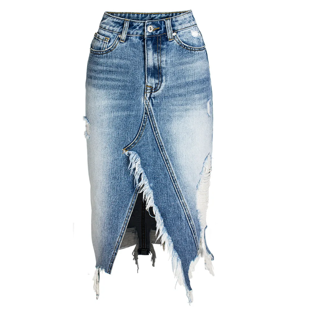 

2021 Fashion Ripped Denim Skirts Womens Asymmetrical Pencil Jean Skirt Ladies High Split Midi Skirt Plus Size 2XL 3XL