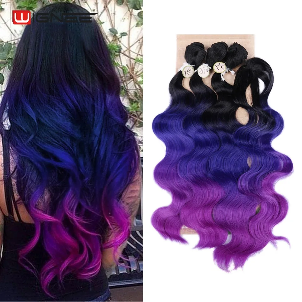 Purple Wignee, 3 пряди, с застежкой, синтетические волосы для наращивания для женщин, натуральные черные волосы, серые/фиолетовые/зеленые/синие волнистые волосы - Цвет: Purple