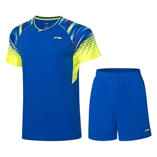 Li-Ning Для мужчин бадминтон костюмы для состязаний в сухом дышащий 89% полиэстер 11% спандекс подкладка Спортивная футболка+ шорты AATP043 COND19 - Цвет: Синий