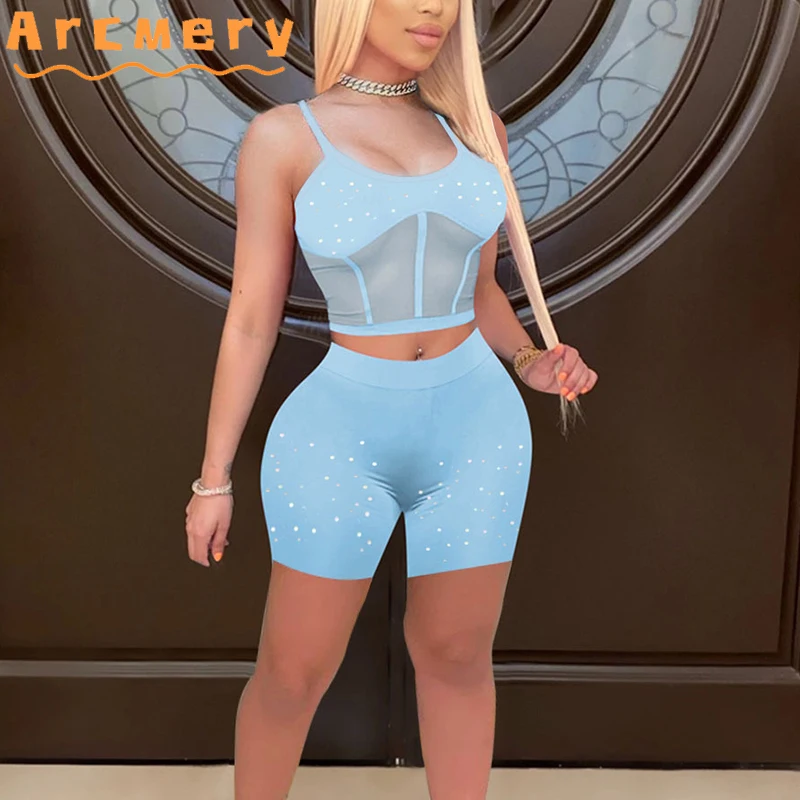 

2 Pieces Sets Women Summer Sequined Suits Sexy Crop Top & Skinny Shorts Set