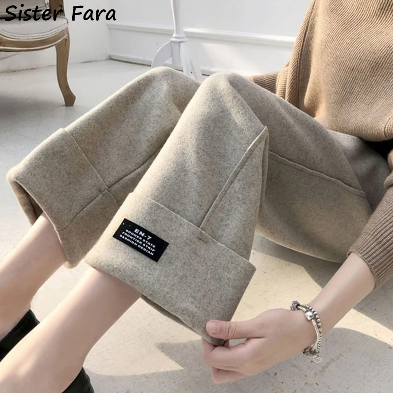 

Sister Fara Autumn Winter Plus Siz Woolen Wide Leg Pants Women's High Waist All-match Trousers Femalee Loose Casual Harem Pants