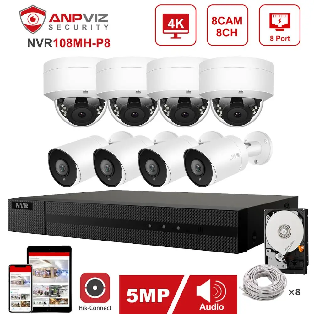 

Hikvision OEM 8CH 4K NVR Anpviz 4//8pcs 5MP IP Camera POE IP Security System Kit Dome/Bullet IP Camera Indoor/Outdoor IP66