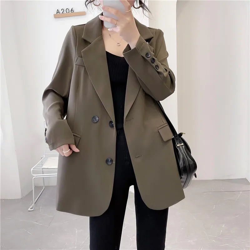 

2021 Spring Autumn New Koran Style Office Lady Button Double Breasted Blazer Coat Solid Color Pockets Classic Formal Blazers