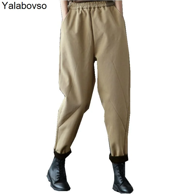

100% Cotton Plush Women's Pants Elastic Waist Stitching Thin Harem Trouser Thickened Pants In Winter With Black Coffee Khaki