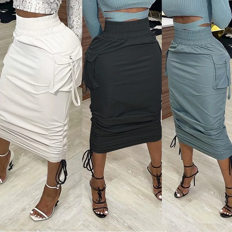 Soild Draw String Ruched Long Skirts Women Clothing Fashion 2021 Sexy Pencil Skirts