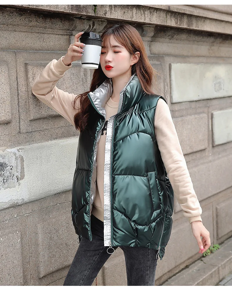 Down cotton vest female 2021 autumn/winter new slim short bright collar vest female cotton jacket vest