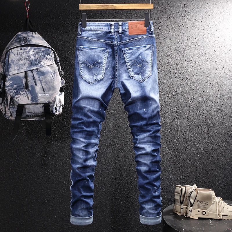 Italian Style Fashion Men Jeans High Quality Retro Blue Slim Fit Ripped Jeans Men Frayed Hole Splashed Designer Denim Pants