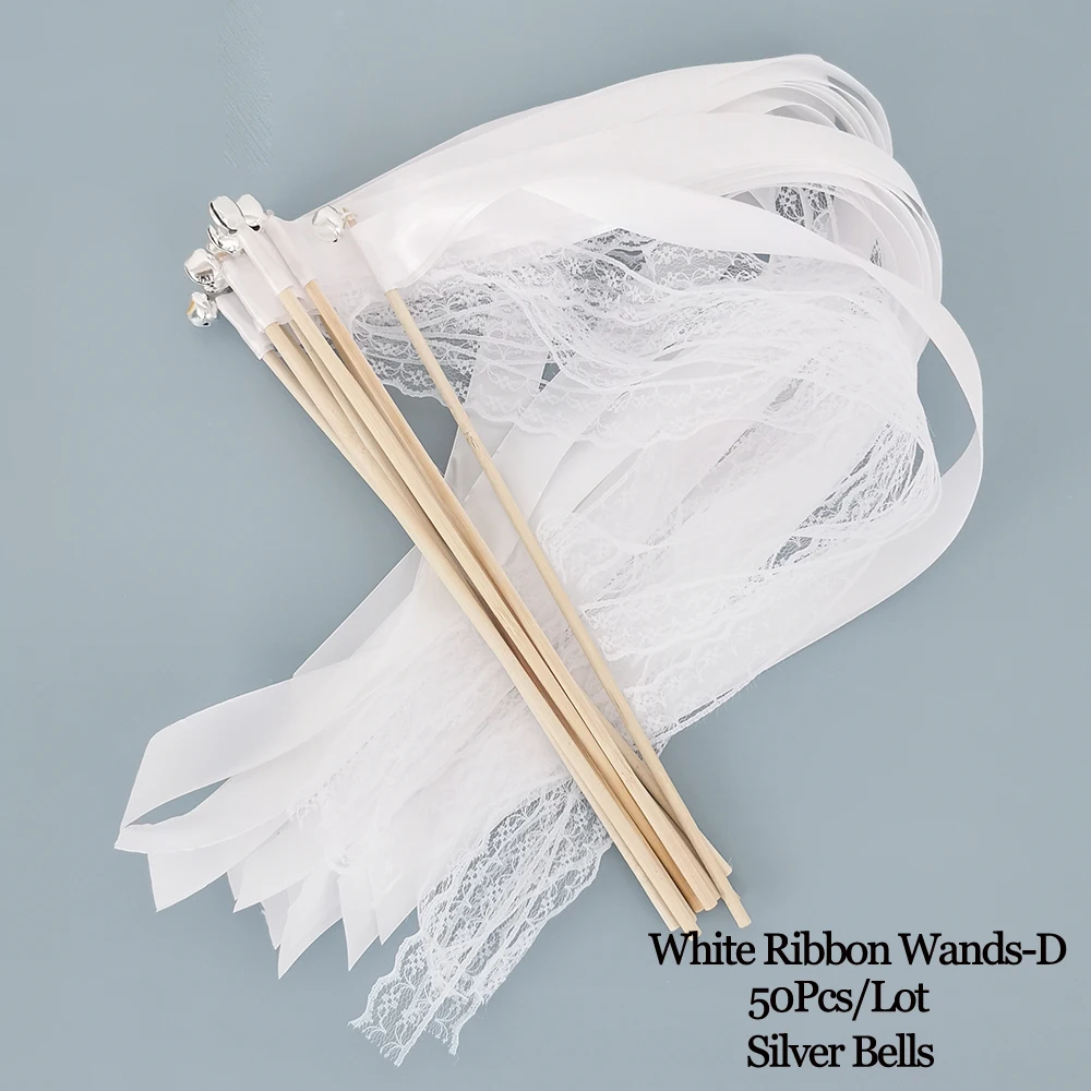 White 2Ribbon 1Lace 50 шт. белые кружевные ленты палочки Свадебные Вертлюги палочка для свадебной ленты палочка с колокольчиком - Цвет: White 2Ribbon 1Lace