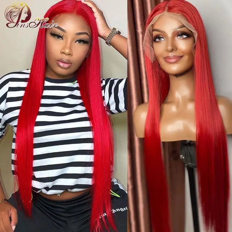 

13X1 Colored Red Lace Front Wig Straight Lace Front Wig Human Hair Hot Red 180% Density Pre Plucked Pinshair Brazilian Remy Hair