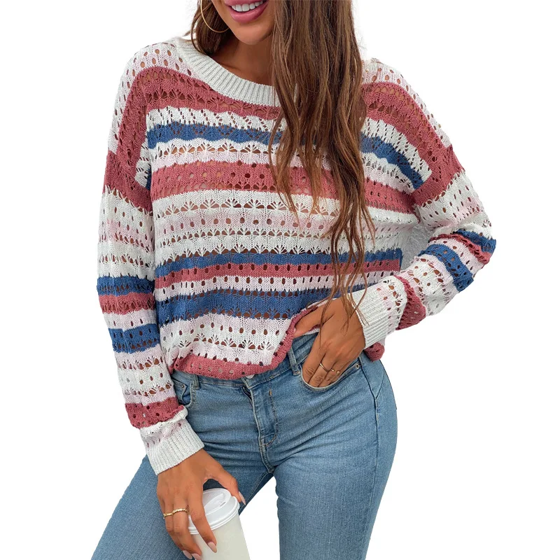 

2021 Fashion Women Sweater New Autumn Casual Hot Sale Round Neck Pullover Color Stripe Stitching Hollow Loose Knit Sweater