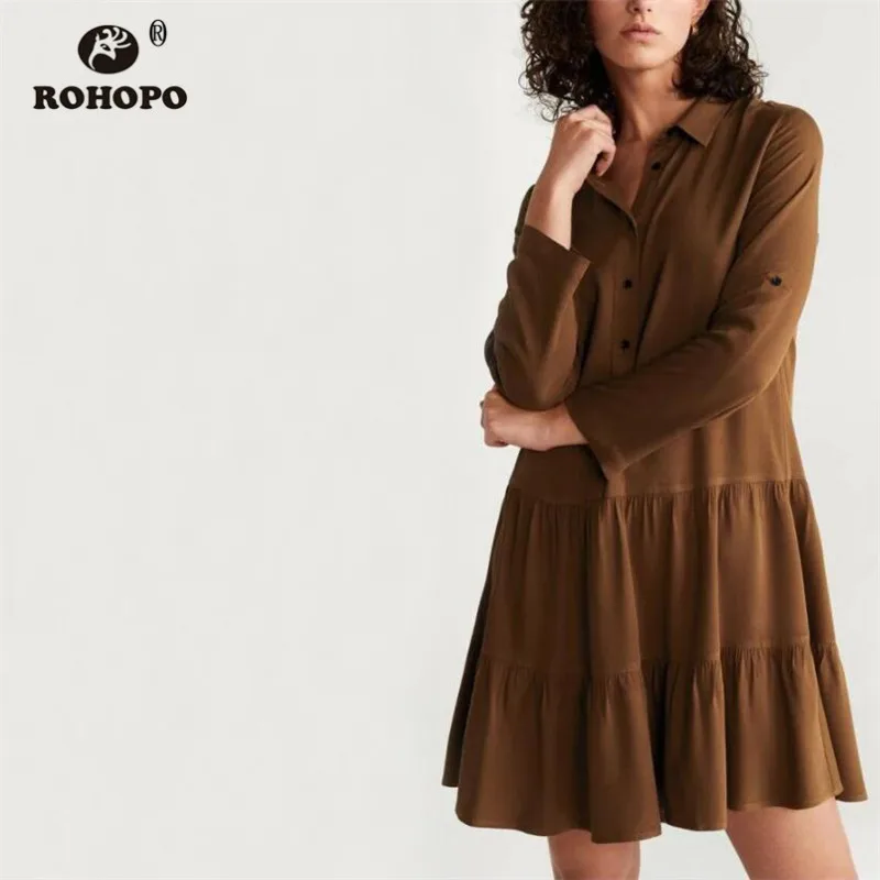 ROHOPO лацкан воротник каскадные гофрированные хлопок цвета хаки платье Топы