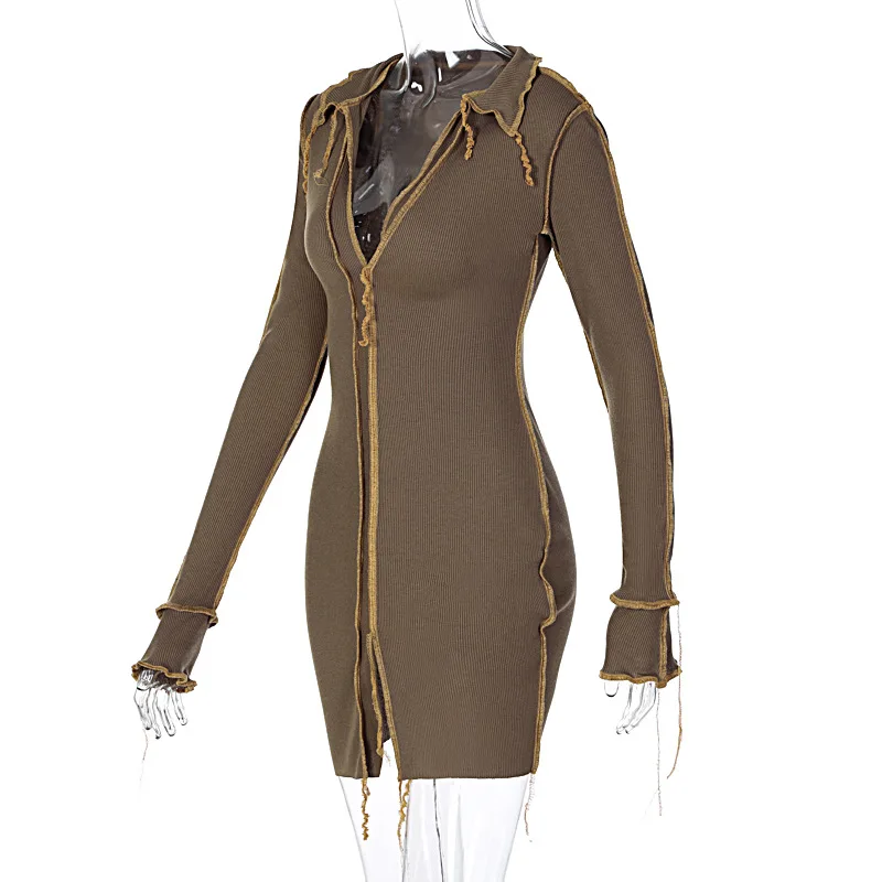 

Skennyee Bodycon Sexy V Neck Fashion Club Mini Dresses Women Long Sleeve Patchwork Ribbed Chain Ruffles Party Dress Hot Skinny