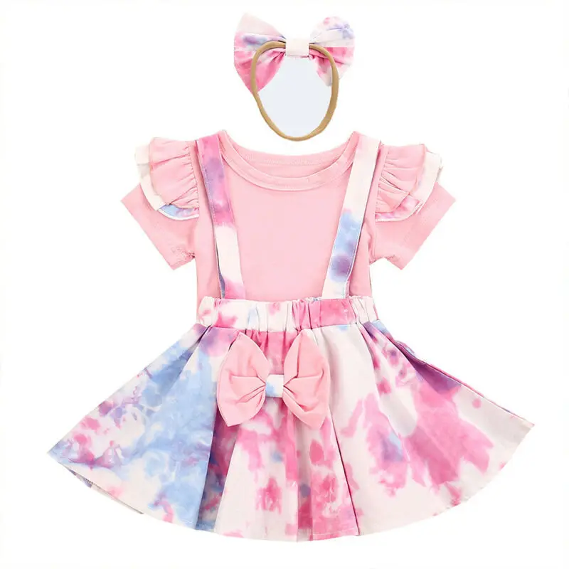 

Summer Girls Skirt Three Piece Set Pink Ruffle Round Neck Top Casual Loose Tie Dyed Suspender Bow Hairband Suit