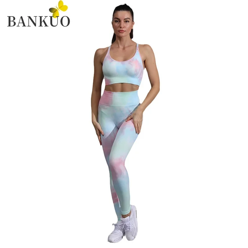 

SONGYI Sleeveless Womens Yoga Suit Tiedye Quick Dry Slimming Sportswear Spring Thin High Waist Seamless Yoga Pants Camisole I298