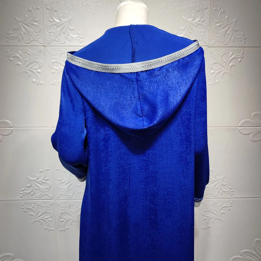 

Middle East Muslim Hooded Robe Diamond Hot Drilling Long Solid Color Women's Dress Webbing Splicing Long Sleeve V-neck