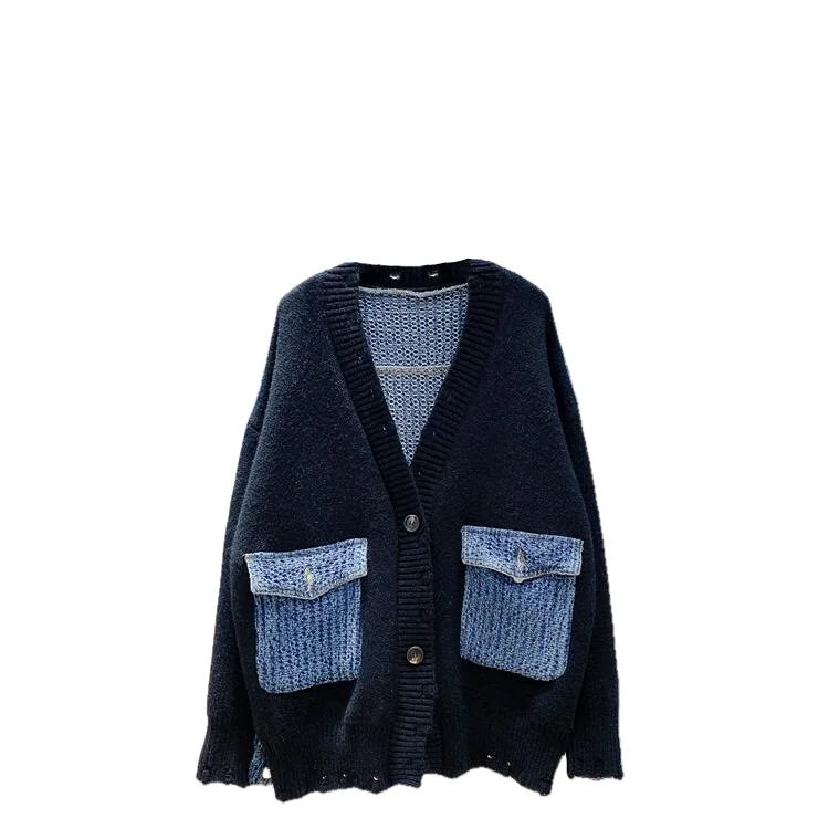 

VANOVICH 2022 Autumn New Style Denim Patchwork Single Breasted Sweater Coat Women Loose Knit Black V-Neck Cardigan Top