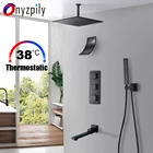 Onyzpily матовый черный термостатический водопад Ванная комната душевой кран Набор потолочный Душ Системы 4-полосная смеситель настенный Mounte