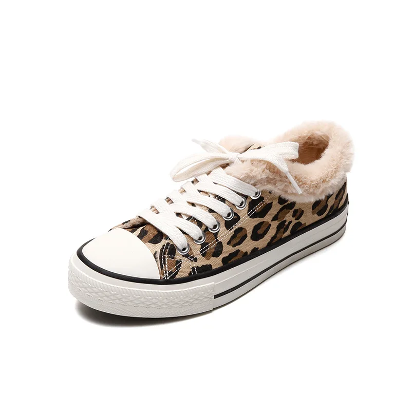 Winter New High Help Leopard Print Plus Velvet Canvas Shoes Female Wild Flat Cotton Women Casual Zapatos Mujer W24-35 | Обувь