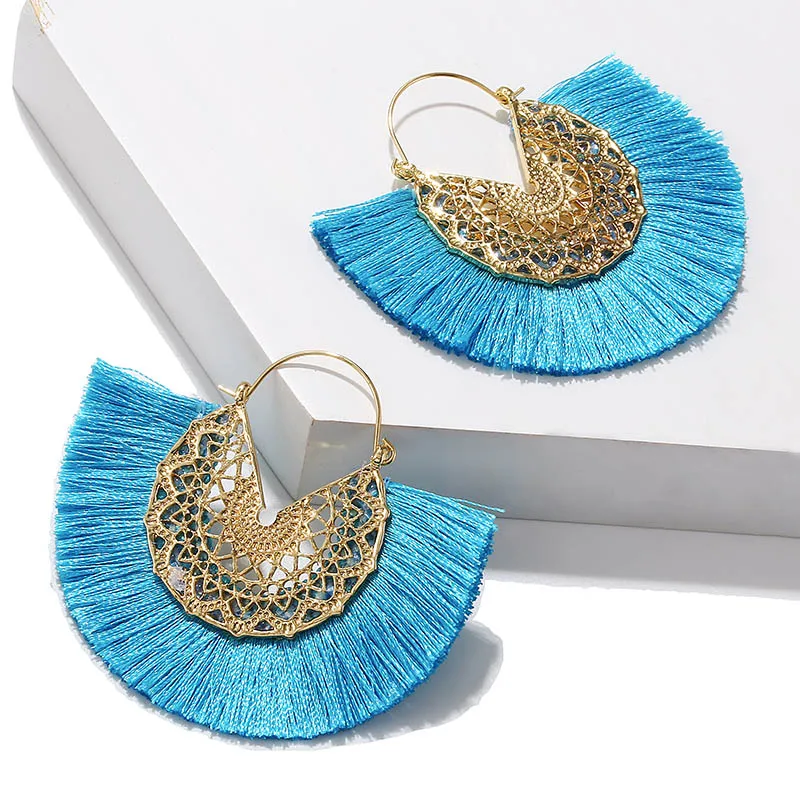 F-light blue Разноцветные богемные этнические серьги-кисточки DIY серьги шерстяные Ретро подвеска с длинной кисточкой Темперамент Преувеличенные ювелирные изделия - Окраска металла: F-light blue