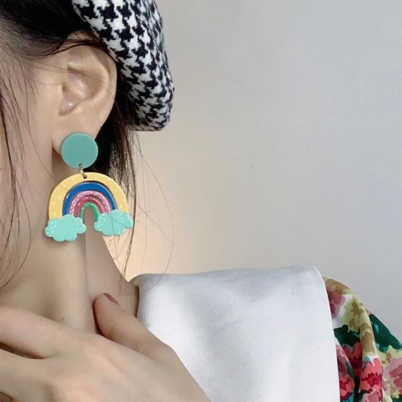 

U-Magical Multicolor Sweet Arcylic Contrasted Rainbow Dangle Earring for Women Cartoon Blue Clouds Geometric Earring Jewellery