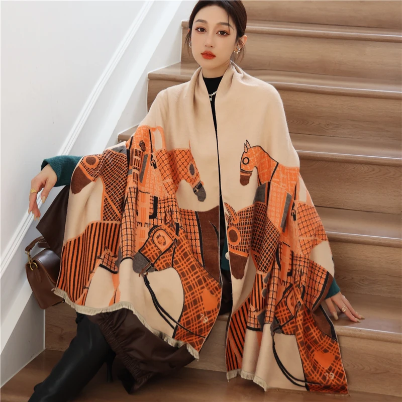 

New Design Horse Print Scarf Hijab Women Luxury Winter Warm Thick Cashmere Pashmina Shawl Wraps Bufanda echarpe Stoles 2022