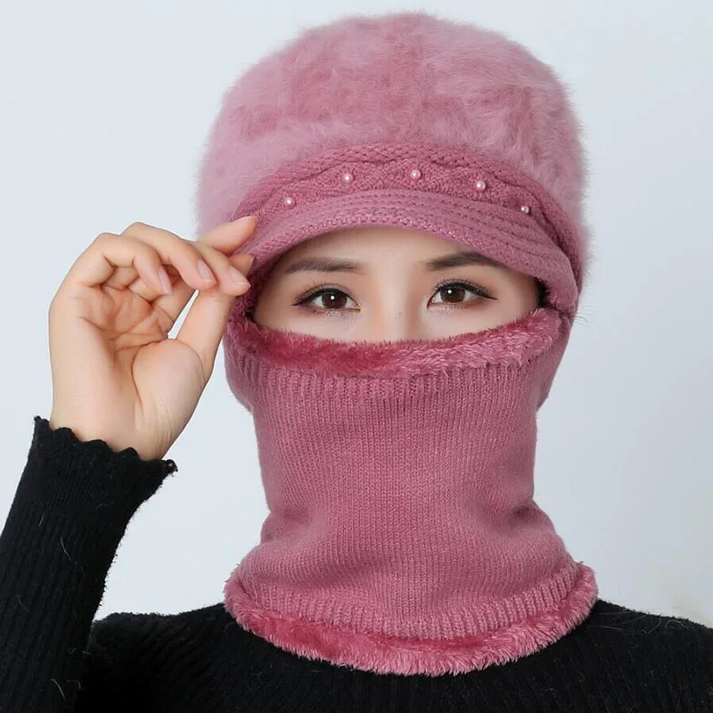 Высококачественные зимние шапки для женщин Skullies Beanie cap шляпки из шерсти набор теплая маска Gorras шапка из кроличьего меха Вязаная Шапка
