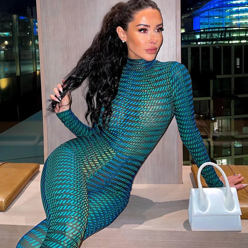 

2022 new style long-sleeved round neck slim-fit printed jumpsuit women