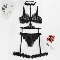 women intimates see through sexy bra and panties sheer underwear set lace eyelash underwire lingerie set with choker black