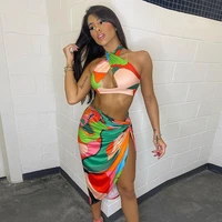 2021 sexy print tracksuit woman two piece sets holiday halter bandage tanks and skirts matching sets female boho outfit suits